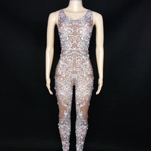 Sexy Rhinestones Jumpsuit Stage Outfit Female Singer White Lace Pattern Leggings Nightclub Crystals Costume Dance Bodysuit