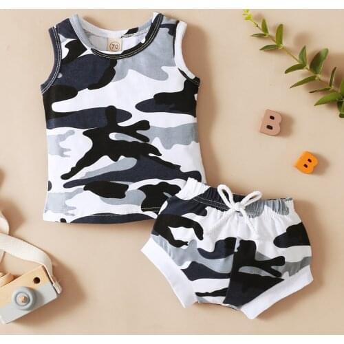 2Pcs Toddler Summer Clothes Outfit, Camouflage/Sun Print O-Neck Tank Tops + Elastic Shorts for Baby Girls, Boys, 0-18 Months