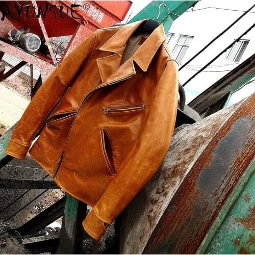 AYUNSUE 100% Genuine Leather Jacket Men Spring Autumn Calfskin Leather Coat Vintage Biker Motorcycle Jacket Veste Homme KJ6995