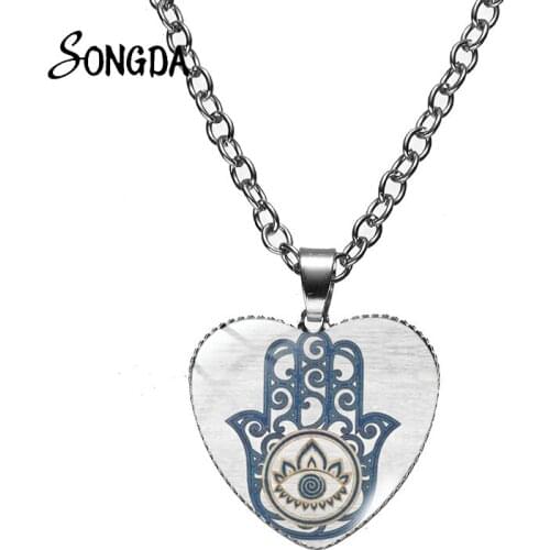 Judaica Hamsa Hearts Flowers Necklace Glass Cabochon Art Photo Choker Fashion Simple Retro Style Metal Pendant Necklaces Jewelry
