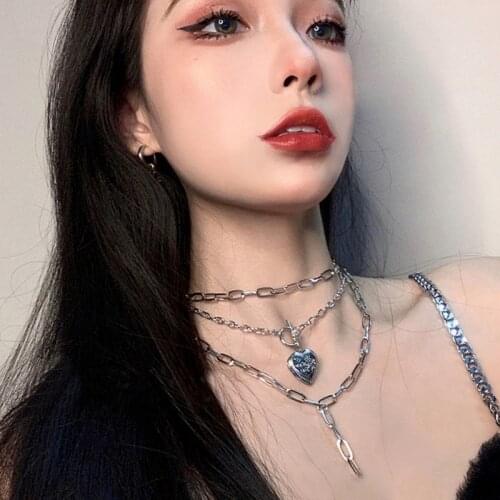 HuaTang New Trendy Heart Letter Pandent Necklace for Women Vintage Silver Color Geometry Alloy Metal Layered Choker Jewelry