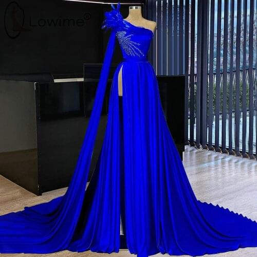 Feathers One Shoulder Royal Blue Evening Dresses with Sexy High Slit 2021 Beads A Line Wedding Prom Party Gowns