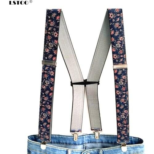 Flower Print New Design H Shape Adult Suspenders 3.5 Width 4 Clips Adjustable Elastic braces for men Women Pants trousers