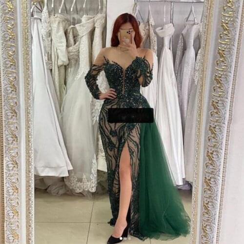 Luxury Green Crystal Beaded Moroccan Kaftan Evening Dresses Off Shoulder Mermaid Arabic Muslim Special Occasion Prom Party Dress