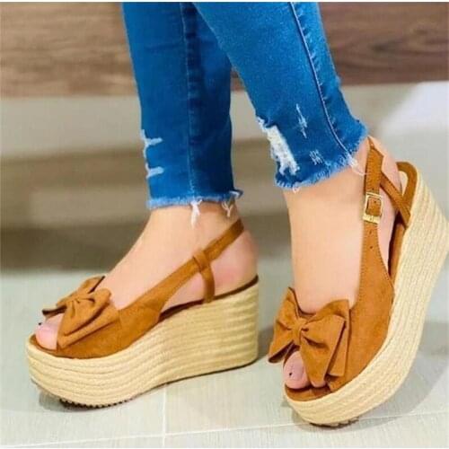 Women Sandals Hemp Butterfly-knot Wedges Sandals Buckle Peep Toe Shoes Ladies Summer Fashion Platform Footwear Plus Size Female
