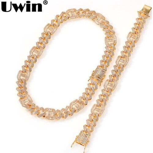 UWIN 2020 New 14mm Hiphop Cubic Zirconia Necklace Bracelet Men Women Necklace Gold & Silver Color Fashion Jewelry set