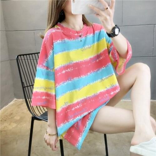 2021 color stripe collision color summer new 2020 wide womens blouse womens short sleeve T-shirt round collar