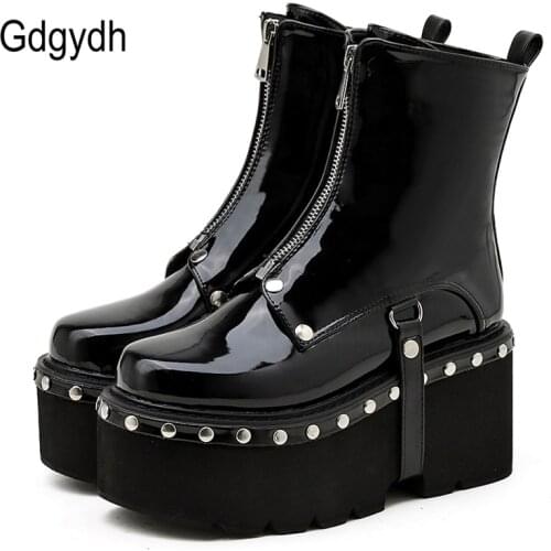 Gdgydh Sexy Rivets Platform Boot Gothic Cheap Black Patent Leather Shoes Women For Autumn Winter Chunky Heel Comfort Front Zip