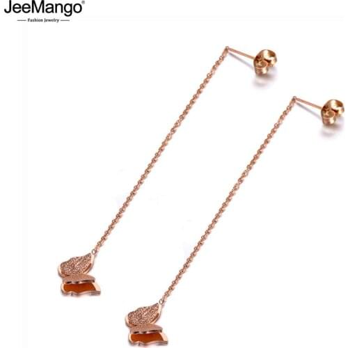 JeeMango Fashion Titanium Stainless Steel Butterfly Charm Tassel Earrings For Women Cute Chain Dangle Earring Jewelry JE19295
