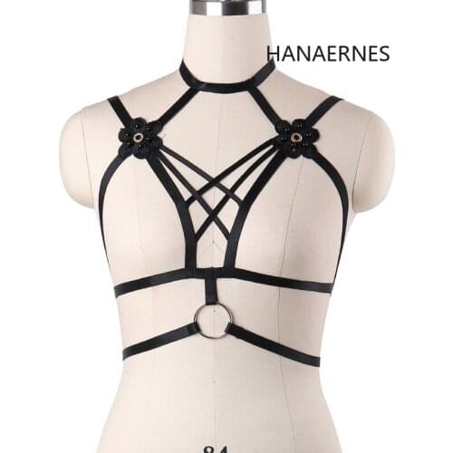 Woman Punk Style Elastic Harness Bra Belts Sexy Lingerie Body Bondage Caged Bralette Gothic Flower Bra Garters Plus Size