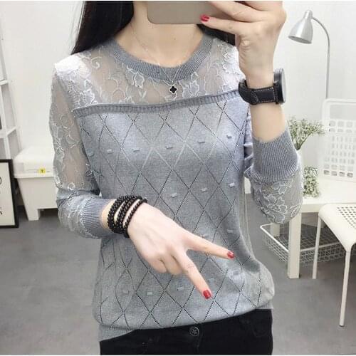 Long Sleeve Women Summer Knitted Pull Tops With Lace Ladies O-Neck Knitwear Jumper Korea Lace Sweaters Striped Feminino