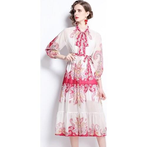 2021 New Summer Holiday Beach Midi Dress Runway Vintage Women Bow Collar Flower Print Chiffon Lace Up Boho Dress Vestidos