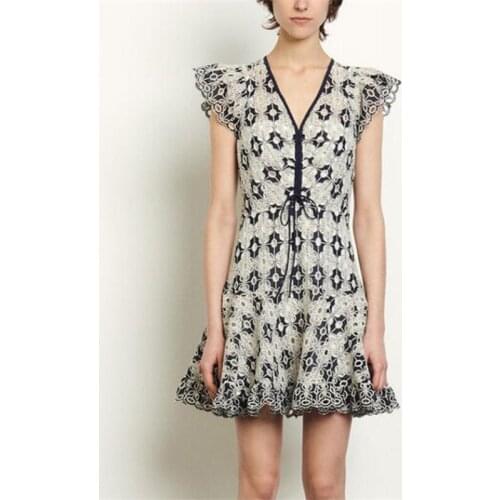 2021 New Summer Elegant V-neck Dress Flying Sleeve Ruffled Slim Waisted Dress Women Lace Embroidery Hollow Mini Party Dress Y733