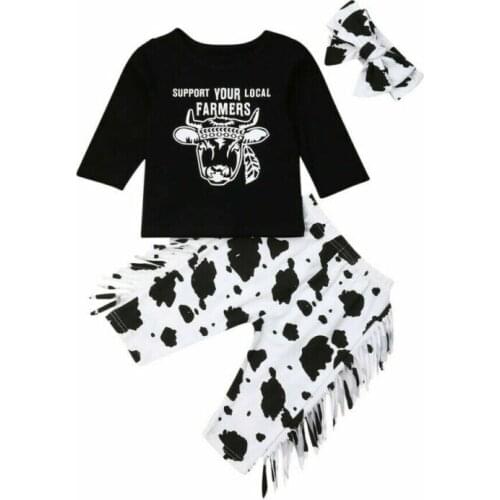 Newborn Baby Girl Boy Winter Clothes Cow Long Sleeves T-Shirt Tassels Pants Headnband 3PCS Outfits Set