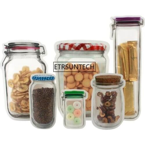 300pcs Mason Jar Shaped Food Container Plastic Bag Clear Mason Bottle Modeling Zippers Storage Snacks Plastic Bag