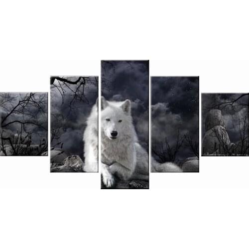 5 Panel White Wolf Paintings Framed Canvas Print Animal Wall Art Modular Picture for Living Room Home Decoration