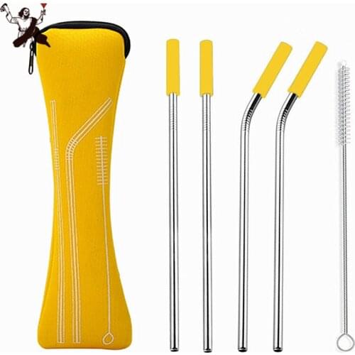 6Pcs/set Stainless Steel Straws Reusable Straight Bent Drinking Straws with Silicone Tips for Hot Cold Beverage Drink Barware