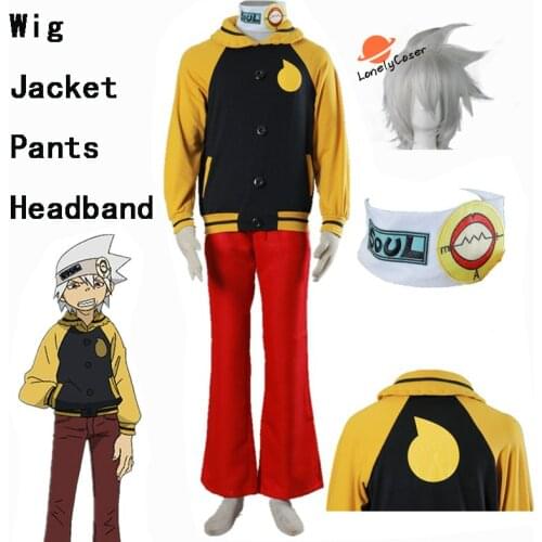 Anime Soul Eater Cosplay Costume Silver Wig Jacket+Pants+Headband Halloween Christmas Carnival Party Suit Outfit Men Women