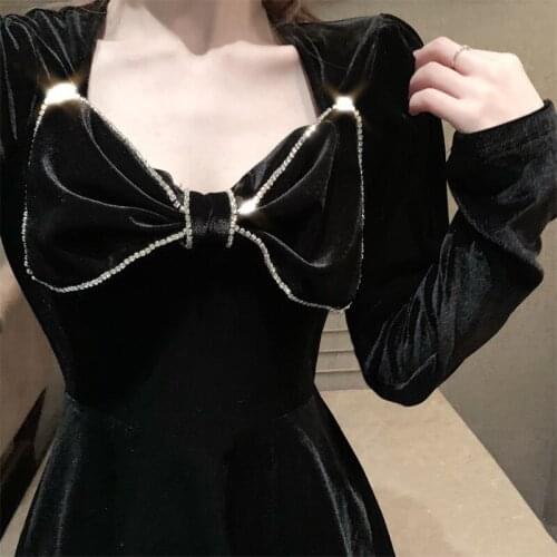 Hepburn style velvet bow fashion long-sleeved autumn solid color little black dress