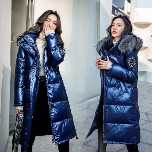 Shiny Winter Jacket Women Casual Long Parka Coat Thick Cotton Coat Big Fur Collar Warm Loose Glossy Hooded Jacket Parkas