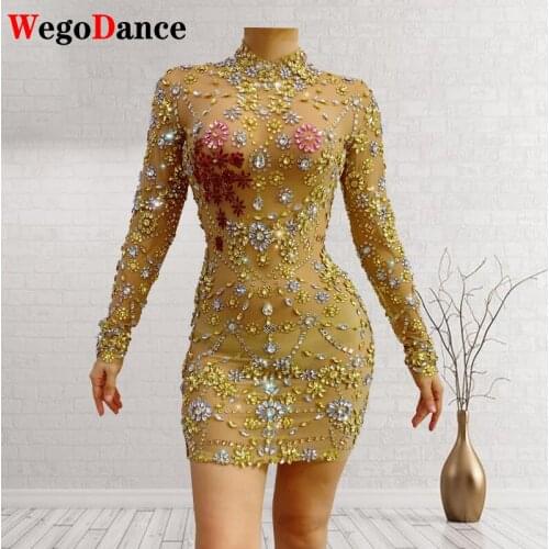 Sparkly Gold Rhinestone Transparent Long Sleeve Sexy Dress Women Birthday Net See Throgh Outfit Singer Dancer Performance Wear