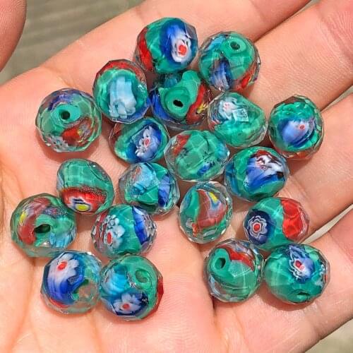12mm Blue Green Murano Transparent Faceted Rondelle Red Flower Lampwork Crystal Glass Beads For Bracelet Making Diy Accessories
