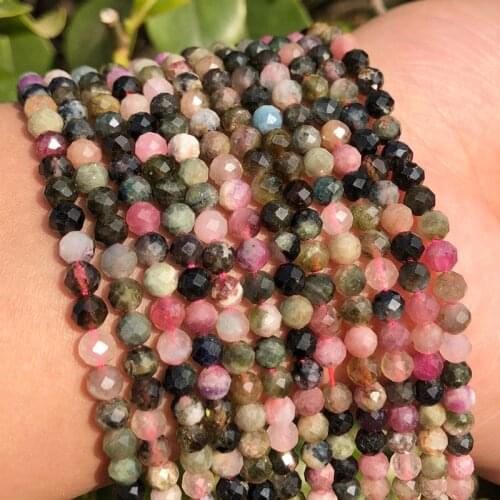 Natural Faceted Colorful Tourmaline Stone Beads Round Loose Spacer Bead for Jewelry Making DIY Bracelet Accessories 15'' 2 3 4mm