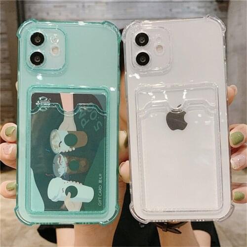 Ottwn Candy Color Clear Card Bag Phone Case For iPhone 12 Pro Max 11 Pro Max X XR XS Max 7 8 Plus SE 2020 Soft TPU Back Cover