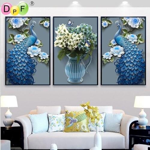 DPF Diamond Embroidery Peacock and flowers Diamond Painting Cross Stitch Square full dill Needlework Decor diamond Mosaic gift