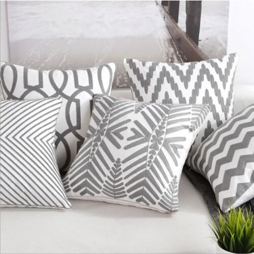 Cotton Embroidered Cushion Cover Grey Geometric Home Decor Pillow Cover Christmas Gift Sofa Throw Pillow Case 45X45CM