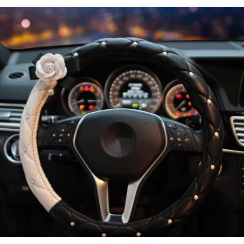Faux Leather White Camellia Flower Car Interior Decoration Steering Wheel Covers Car Accessories