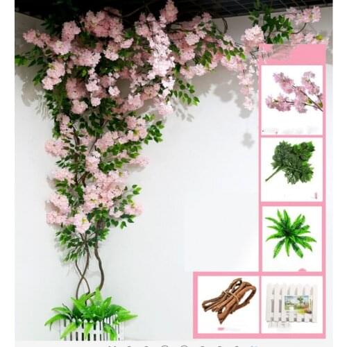 Artificial Cherry tree chrismas Tree Stem with Cherry Blossom Flower Dried branches Rattan sets for home wall christmas decor