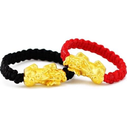 Pure 24K Yellow Gold Ring 3D 999 Gold Pixiu Dragon Son Red String Weave Ring (All size can customize)