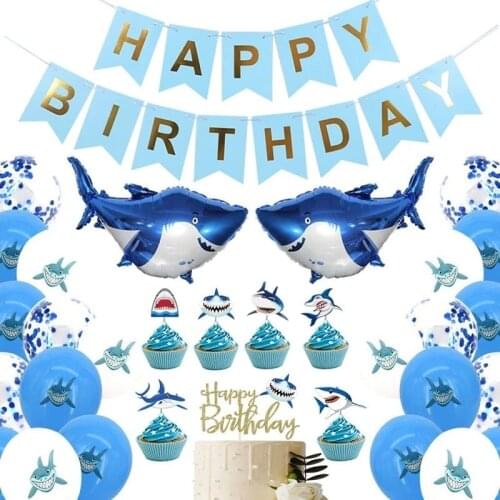 Shark Latex Balloons Happy Birthday Banner Shark Cake Flags Kids Birthday Party Decorations Baby Shower Ocean Party Supplies