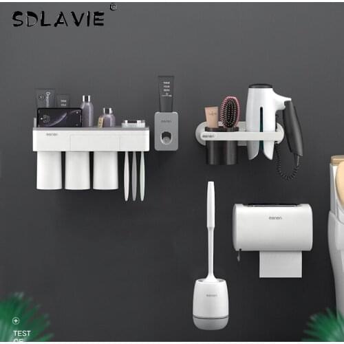 Multi-Function Toothbrush Holder Hair Dryer Rack for Bathroom Accessories Set Toothpaste Dispenser Toilet Brush Tissue Box