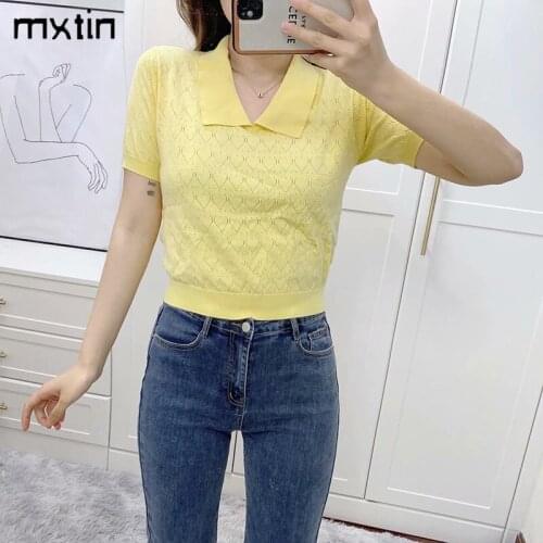 MXTIN 2021 Women Summer Vintage Solid Knitted Short Polo Shirt Fashion Turn-down Collar Short Sleeve Female Slim Chic Tops