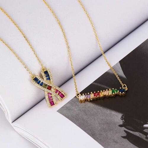 Womens gold Cz X rainbow Necklace Pendant Choker Colorful Copper snake chain Necklace Jewelry zircons necklace for women