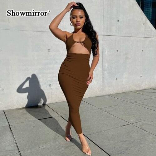 Showmirror 2021 Solid Vintage Maxi Dress Bodycon Halter Bandage Hollow Out Clothing Sexy Summer Party Street Hipster Dresses