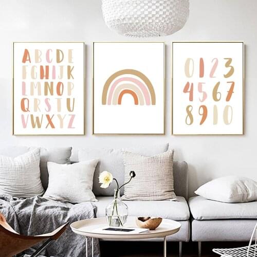 Modern Yellow Rainbow ABC Alphabet Print Nursery Poster and Print Cartoon Wall Art Canvas Painting Pictures Kids Room Decoration