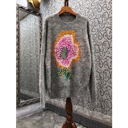 High Quality New Long Sweaters 2021 Autumn Winter Wool Knitwear Women Sequined Deco Long Sleeve Casual Loose Sweater Grey Jumper