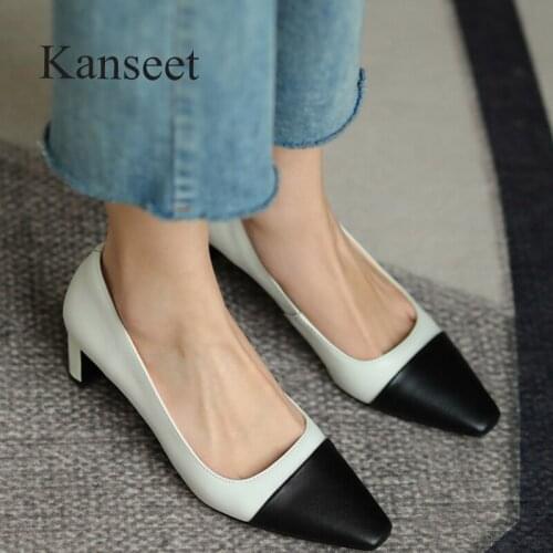 Kanseet Square Toe Women Pumps 2021 New Spring Autumn Genuine Leather Mixed Colors Shallow High Heels Party Shoes Female Shoes