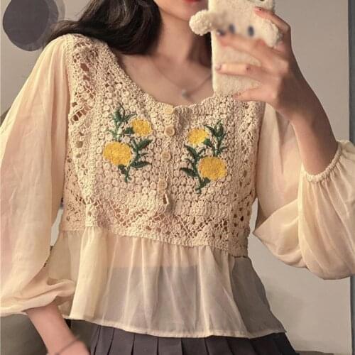 Spring And Autumn Round Neck Hollow Out Wommen Shirt Immortal Retro Embroidery Design Small Top Chiffon