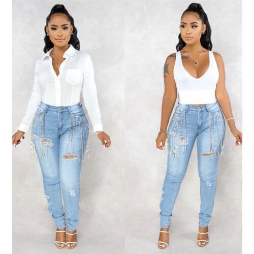 Ladies High Street Fashion Casual Rhinestone Metal Chain Tassel Decorated Hole Stretch Denim High Waist Pants