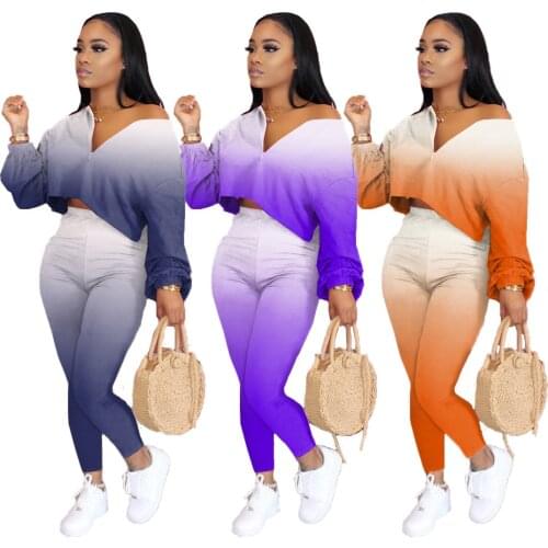 Women Sport Suits Gradient Tie Dye Tracksuits Running Sets Female 2Pcs V-Neck Zipper Long Sleeve Pullovers High Waist Leggings