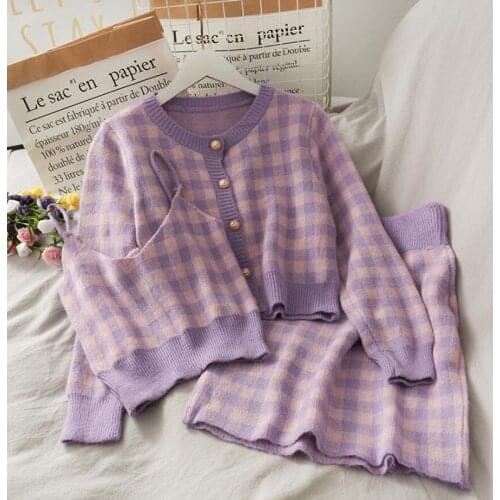 Women Sweet Plaid 3 Piece Set O-neck Single-breasted Long sleeve Knitted Cardigan Sweater Inside Short Sling and Skirts Suit