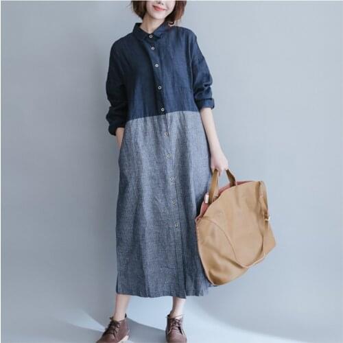 Spring Autumn Long Shirt Dress Women Long Sleeve Cotton Linen Dresses Female Patchwork Loose Blouse Vestidos Robe Oversized A739