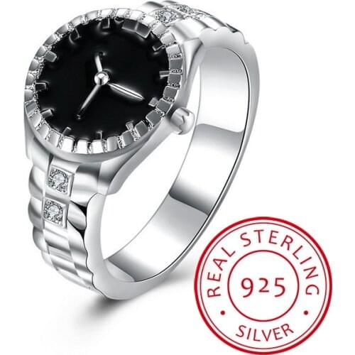 2019 New 925 Sterling Silver Watching Shape Black Enamel Fine Jewelry Wedding Finger Ring for Women Anel Feminino