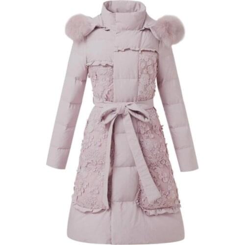 Plus size 3XL Winter women Feather Down Padded Girls Ladies Floral Lace Embroidery slim white duck down coat