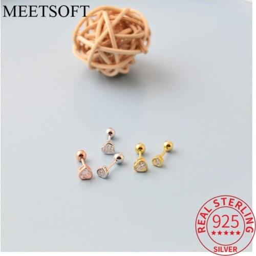 MEETSOFT 1 PCS Real 925 Sterling Silver Heart Zircon Stud 14K Gold Earrings For Women Lovely Fine Jewelry Gift Drop Shipping
