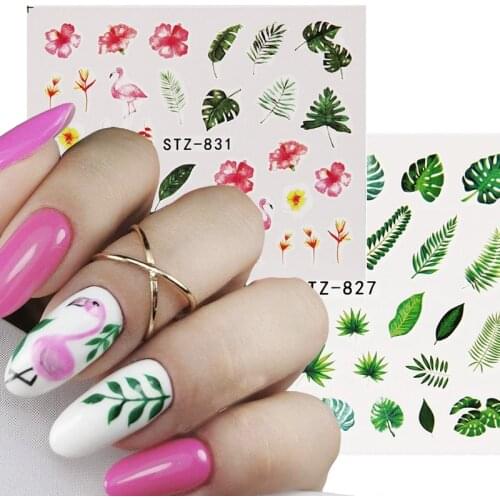 19 Designs Nail Stickers Green Leaf Flowers Cactus DIY Summer Nails Decals Nail Art Decorations Wraps Flakes Sliders Manicure